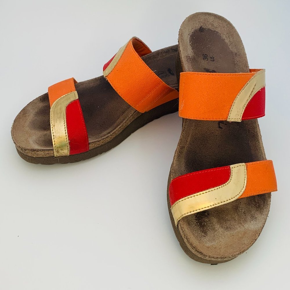 NAOT FRANKIE SANDAL RED, ORANGE AND GOLD SZ 5.5